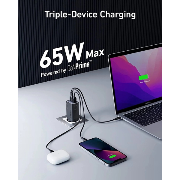 მობილურის დამტენი Anker A2668311 735 GaN III Prime, 65W, USB-C, USB, Black