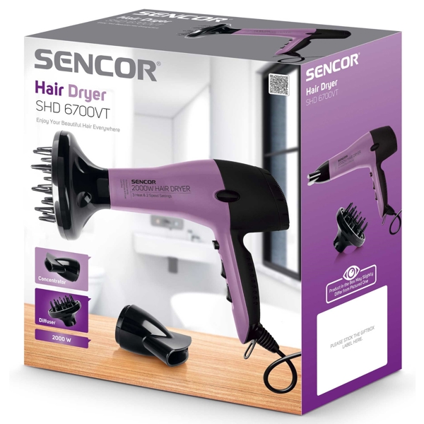 Sencor SHD 6700VT, 2000W, Hair Dryer, Black/Purple