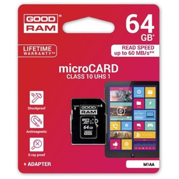 GoodRam M1AA-0640R12, 64GB, MicroSDHC, C10, UHS-I, U1, Black	