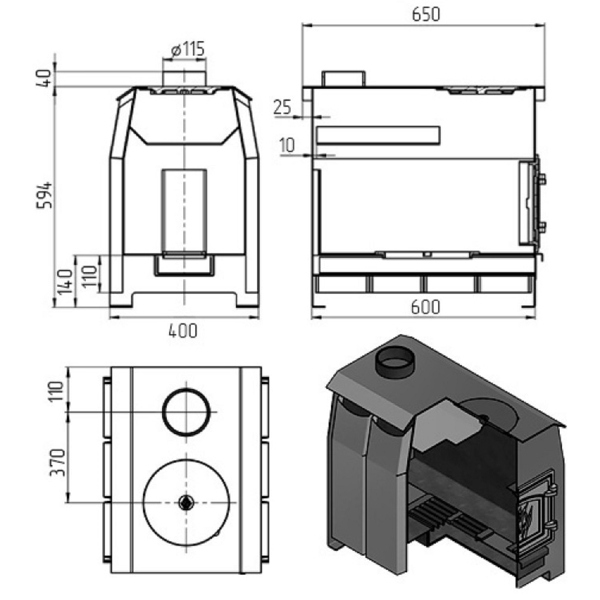 შეშის ღუმელი Vezuvi Comfort 200 DT-3, 75m², Wood Stove, Black