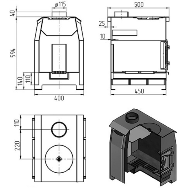 Vezuvi Comfort 100 DT-3, 40m², Wood Stove, Black