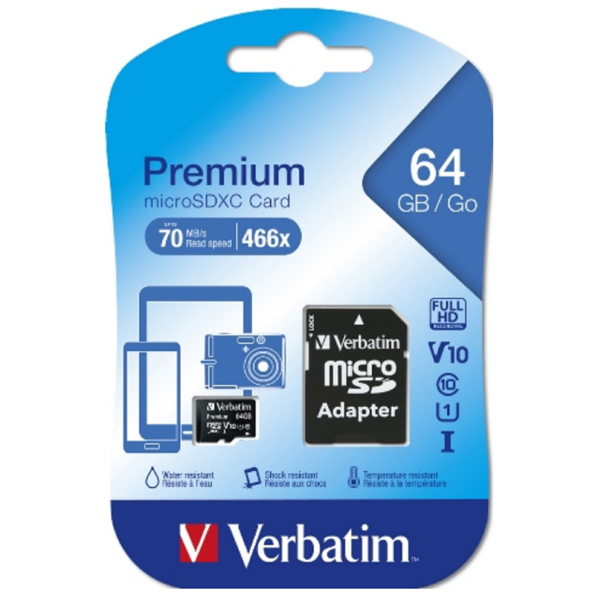 მეხსიერების ბარათი Verbatim 044084, 64GB, MicroSDHC, C10, UHS-I, U1, Black