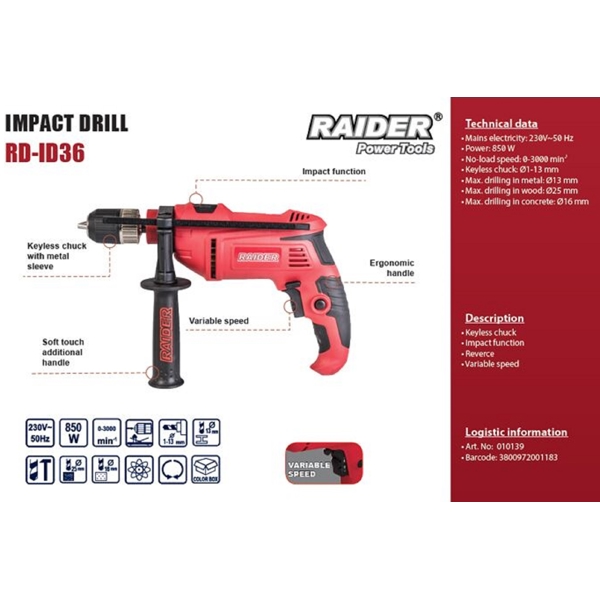 ბურღი Raider RD-ID36, 850W, 3000Rpm, Red/Black