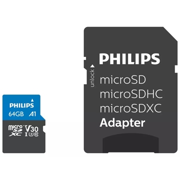 მეხსიერების ბარათი Philips FM64MP65B/00, 64GB, MicroSDHC, C10, UHS-I, U3, Black