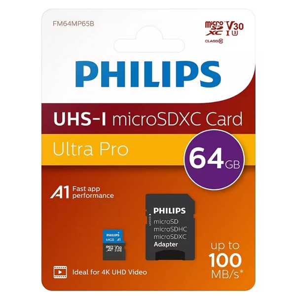 Philips FM64MP65B/00, 64GB, MicroSDHC, C10, UHS-I, U3, Black