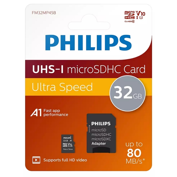 Philips FM32MP45B/00, 32GB, MicroSDHC, C10, UHS-I, U1, Black