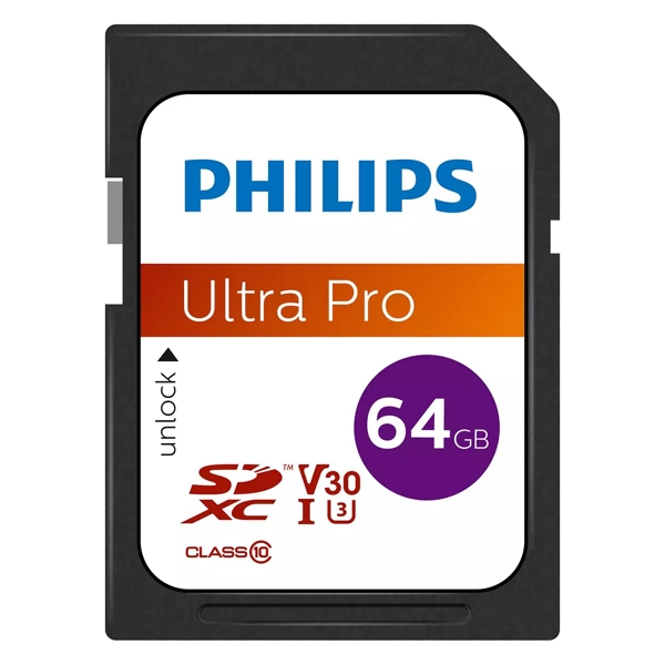 მეხსიერების ბარათი Philips FM64SD65B/00, 64GB, SDXC, C10, UHS-I, U3, Black