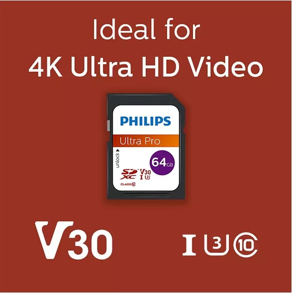 მეხსიერების ბარათი Philips FM64SD65B/00, 64GB, SDXC, C10, UHS-I, U3, Black