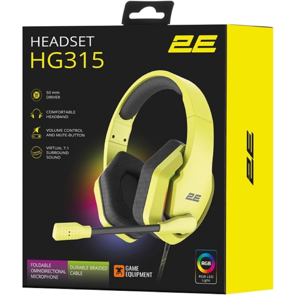 2E HG315 Gaming Headset, Wired, RGB, USB, Yellow