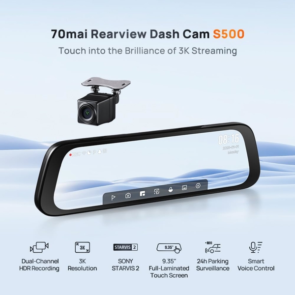 Xiaomi 70Mai S500 + RC13, 5MP, 3K, Built in WiFi, 138°, Rearview Dash Cam, Black