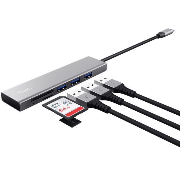 Trust 24191 Halyx, 3-in-1, USB 3.2, USB-C, CR Reader, Hub, Grey