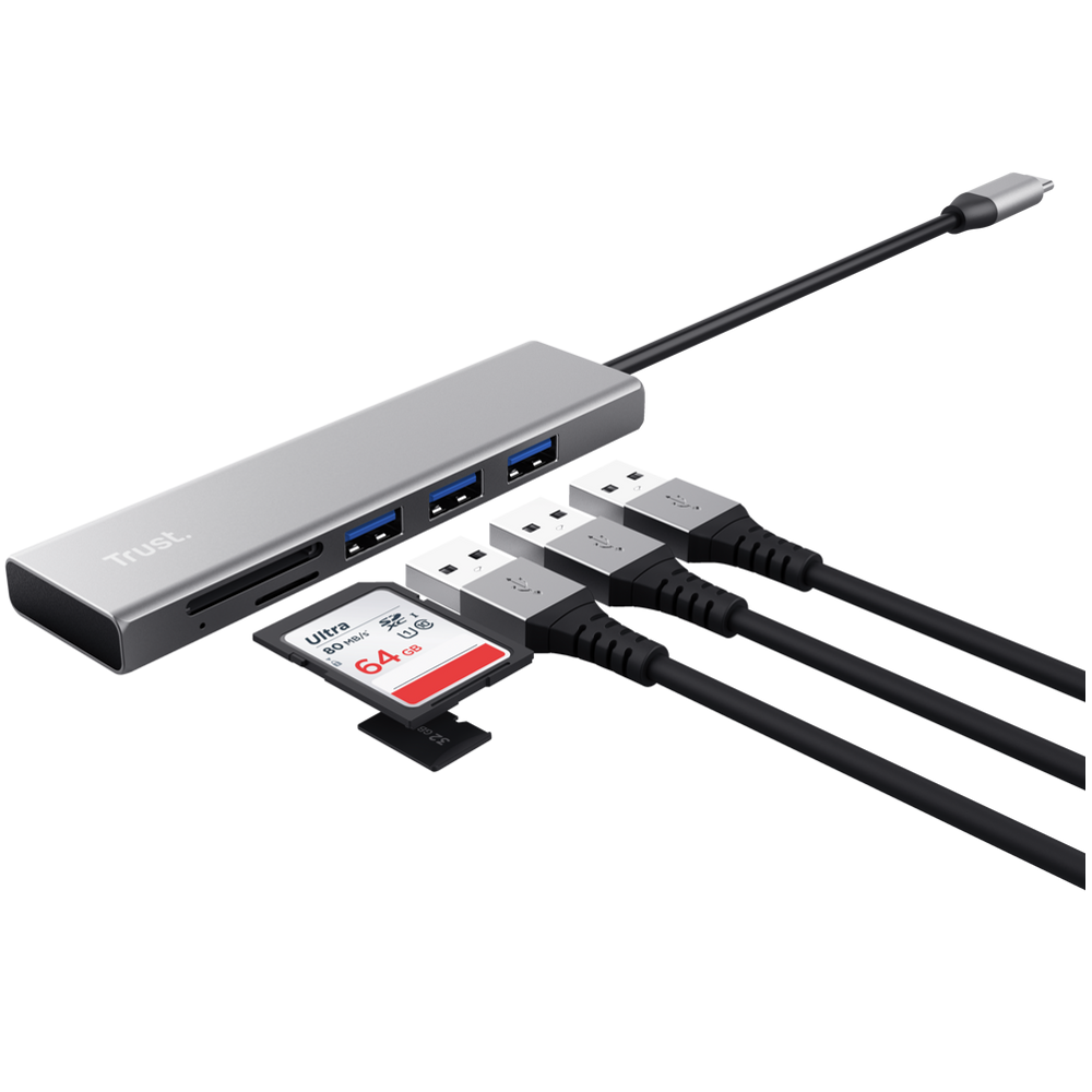 Trust 24191 Halyx, 3-in-1, USB 3.2, USB-C, CR Reader, Hub, Grey