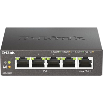 სვიჩი ‎D-Link DGS-1005P, 5-Port Gigabit, PoE+ Switch, Black