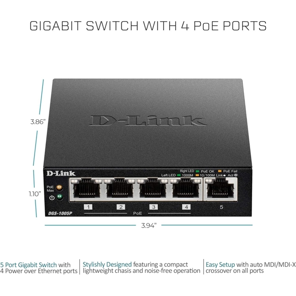 D-Link DGS-1005P, 5-Port Gigabit, PoE+ Switch, Black