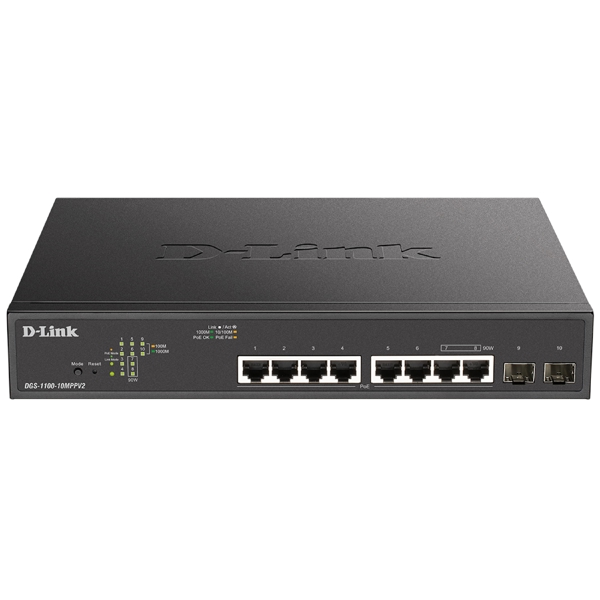 D-Link DGS-1100-10MPPV2, 10-Port Gigabit, PoE+ Switch, Black