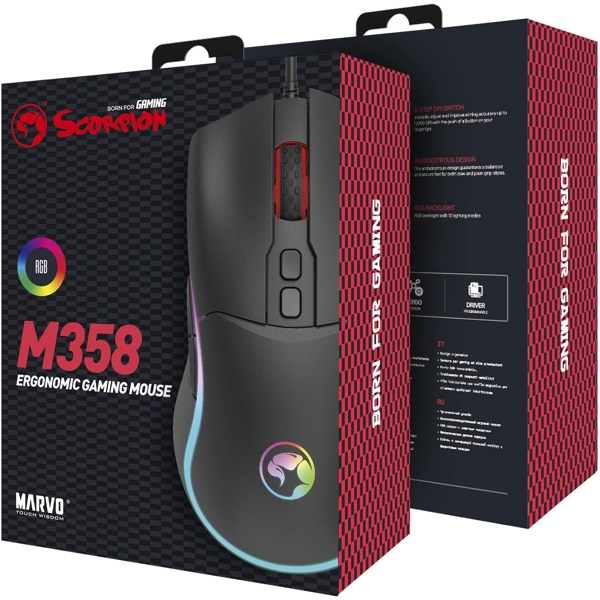 მაუსი Marvo M358, Wired, USB, Gaming Mouse, Black