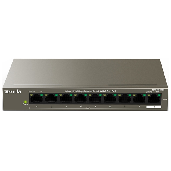 სვიჩი Tenda TEF1109P-8-63W, 8Port, PoE+Switch, Curry