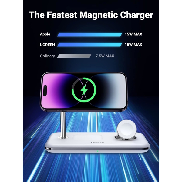 უსადენო დამტენი UGREEN CD278 (90326), 25W, 3-in-1 MagSafe Wireless Charger, White