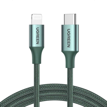 USB კაბელი UGREEN US304 (80564), 87W, MFi, USB-C to Lightning, 1m, Midnight Green