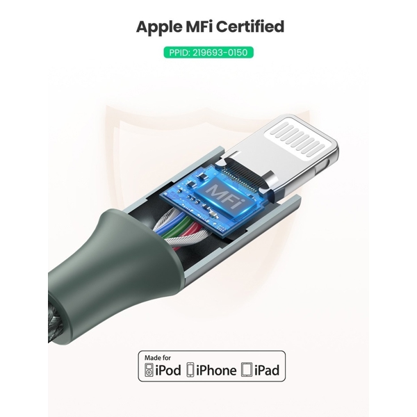 USB კაბელი UGREEN US304 (80564), 87W, MFi, USB-C to Lightning, 1m, Midnight Green