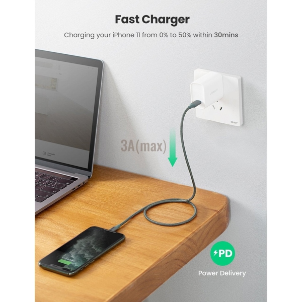 USB კაბელი UGREEN US304 (80564), 87W, MFi, USB-C to Lightning, 1m, Midnight Green