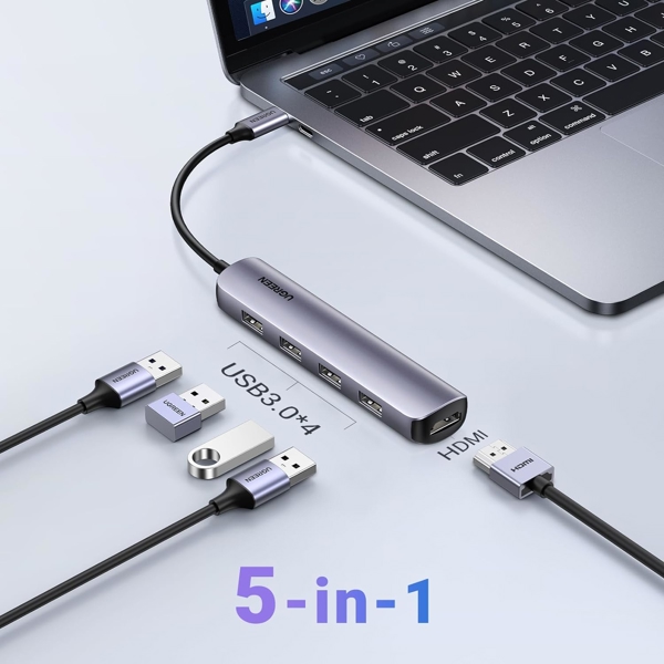 USB-C ჰაბი UGREEN CM417 (20197), USB-C, USB, HDMI, Hub, Gey