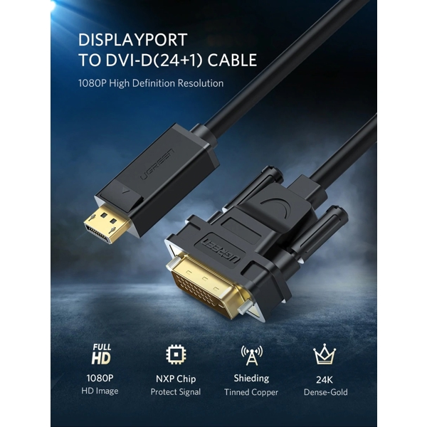 UGREEN DP103 (10243), DP Male To DVI Male, 1.5m, Black