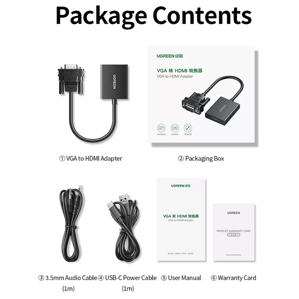 ადაპტერი UGREEN CM513 (50945), VGA To HDMI Adapter With 3.5mm And Type-C, 0.15cm, Black