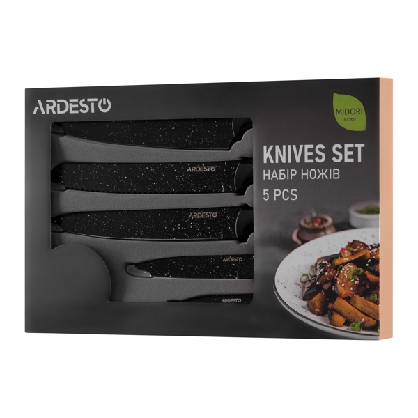 დანების ნაკრები Ardesto AR2105BWD Midori, 5Pcs, Knife Set, Black/Brown