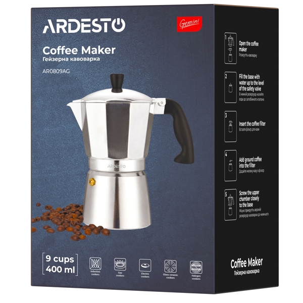 ყავის მადუღარა Ardesto AR0809AG Gemini Cremona, 0.4L, Coffee Maker, Stainless Steel