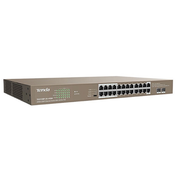 სვიჩი Tenda TEG1126P-24-410W, 24 Port Gigabit, POE + Switch, Curry