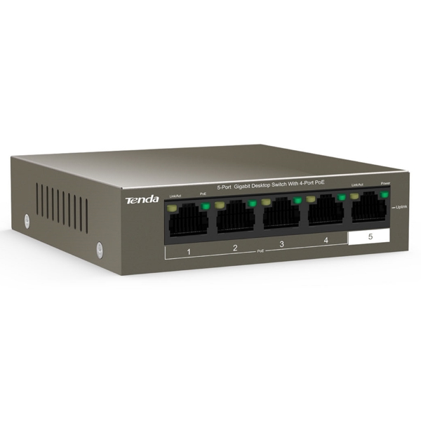 სვიჩი Tenda TEG1105P-4-63W, 5 Port Gigabit, POE + Switch, Curry