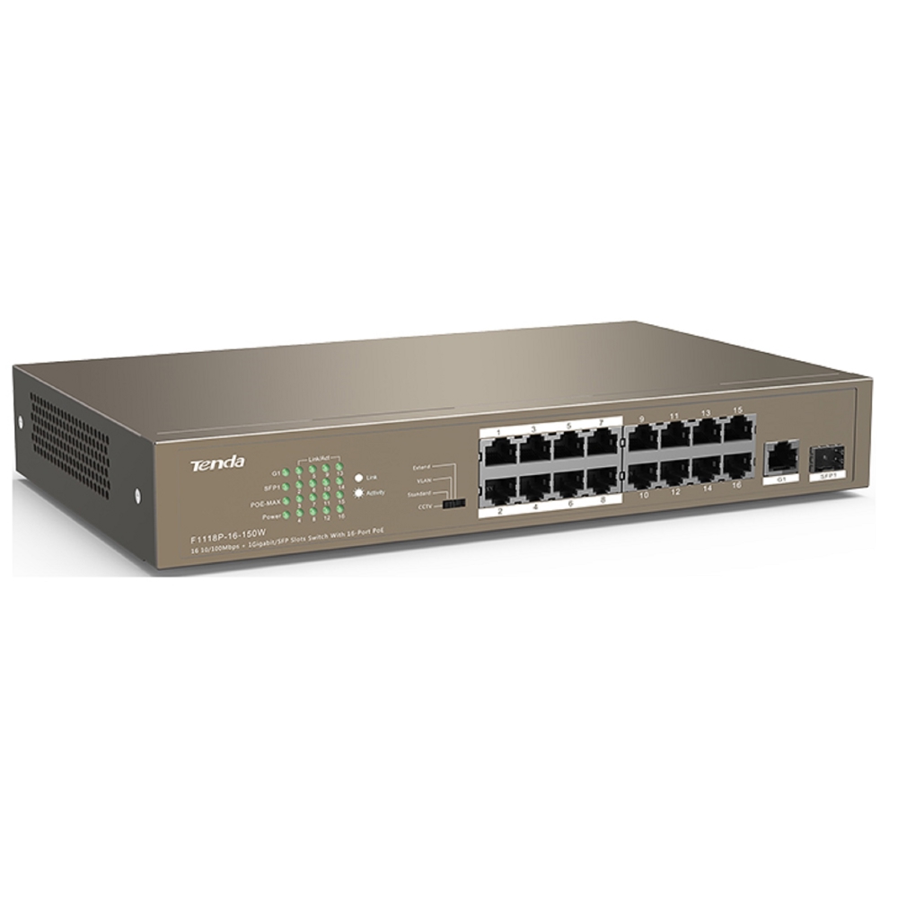 სვიჩი Tenda TEF1118P-16-150W, 16Port, PoE+Switch, Curry