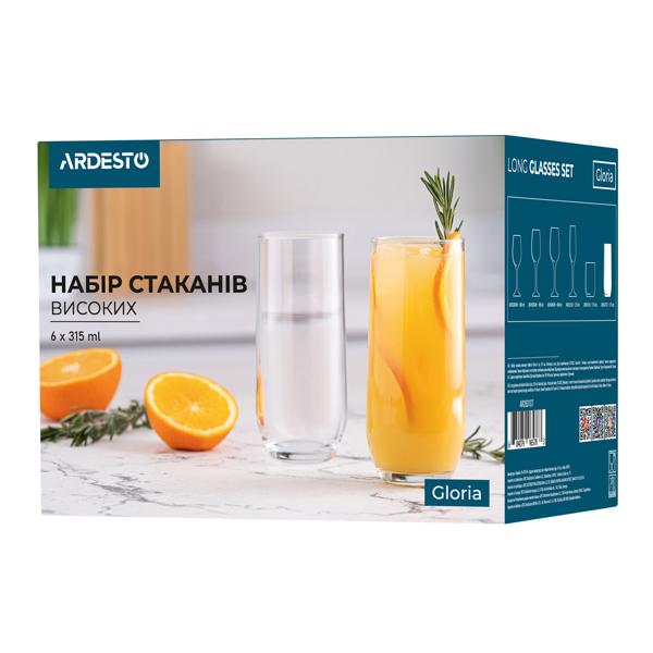 ჭიქების ნაკრები Ardesto AR2631GT Gloria, 315Ml, 6Pcs, Long Glasses Set, Transparent