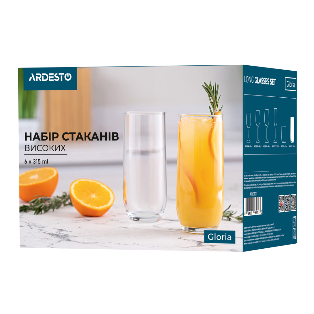 Ardesto AR2631GT Gloria, 0.315l, 6Pcs, Long Glasses Set, Transparent