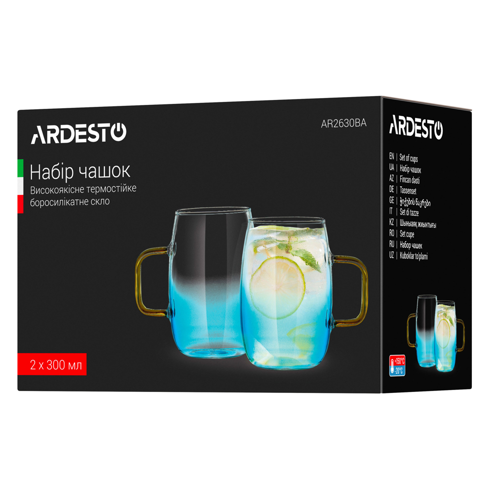 ჭიქების ნაკრები Ardesto AR2630BA Blue Atlantic, 300Ml, 2Pcs, Glass Mug Set, Transparent