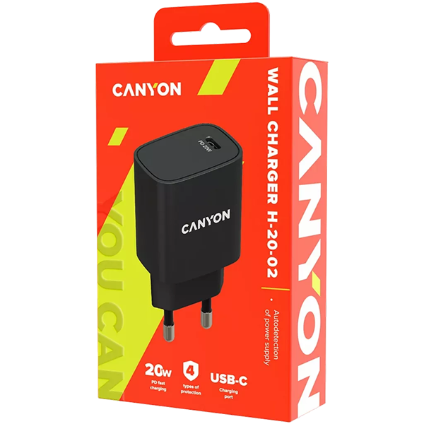 დამტენი Canyon CNE-CHA20B02, 20W, Type-C, Black