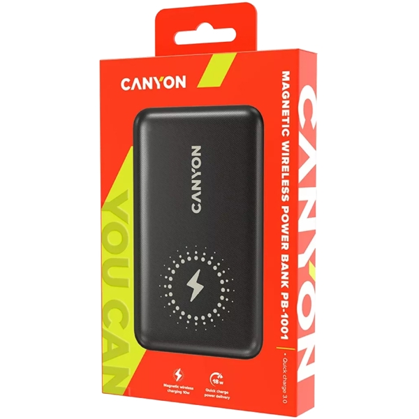 პორტატული დამტენი Canyon CNS-CPB1001B, 10000mAh, USB-C, USB-A, Power Bank, Black