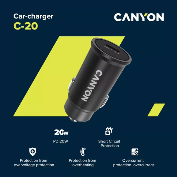 მანქანის დამტენი Canyon CNS-CCA20B, 20W, USB, Type C, Black