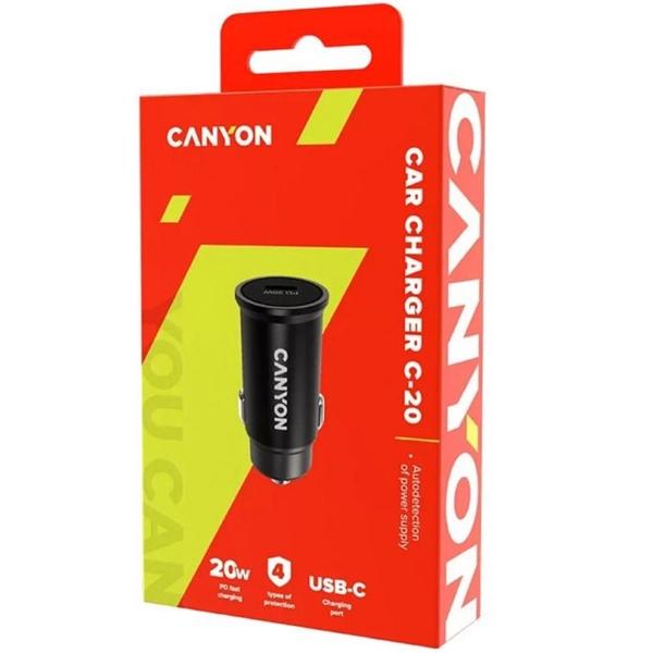 მანქანის დამტენი Canyon CNS-CCA20B, 20W, USB, Type C, Black