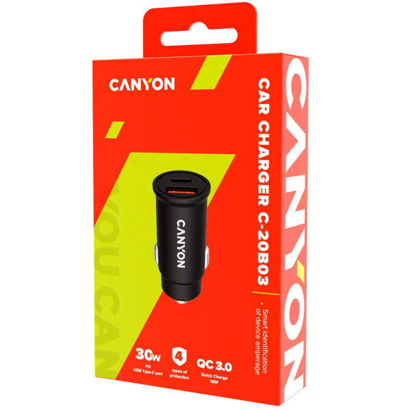 მანქანის დამტენი Canyon CNS-CCA20B03, 30W, USB, Type C, Black