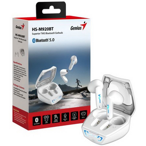 Genius HS-M920BT, Earbuds, Wireless, Bluetooth, White