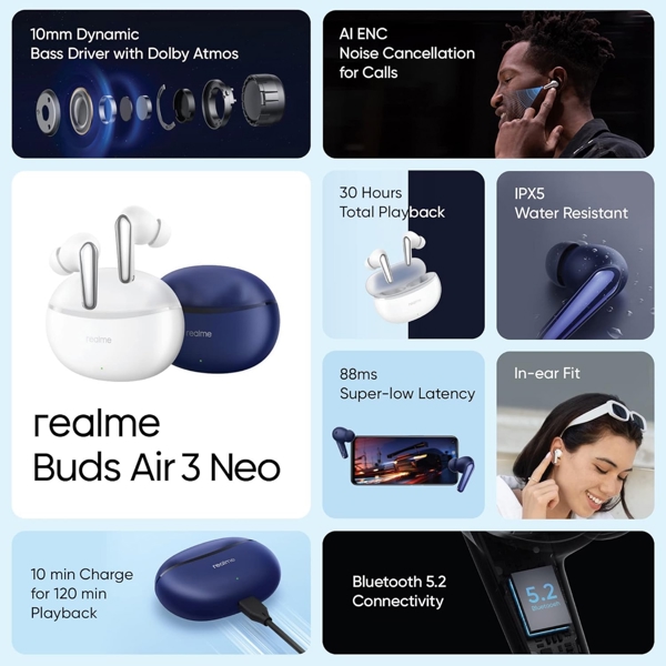 ყურსასმენი Realme RMA2113, Earbuds, Wireless, Bluetooth, IPX5, Blue