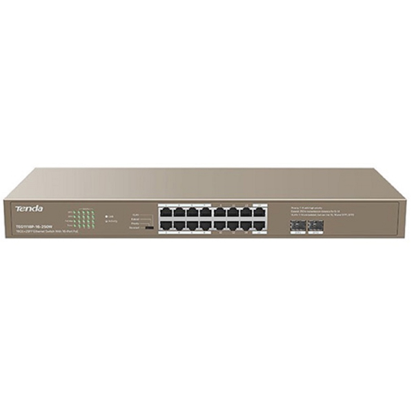 სვიჩი Tenda TEG1118P-16-250W, 16 Port Gigabit, POE + Switch, Curry