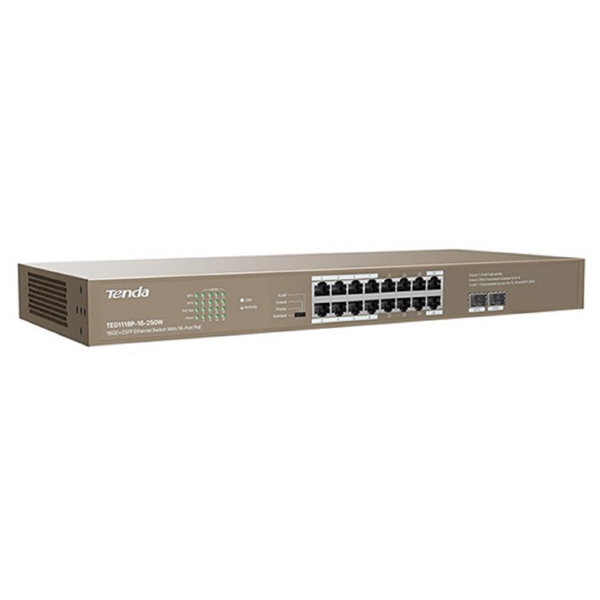 სვიჩი Tenda TEG1118P-16-250W, 16 Port Gigabit, POE + Switch, Curry