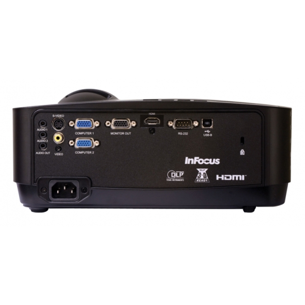 InFocus IN116x Projector: WXGA (1280 x 800) resolution; Up to 10,000-hour lamp; 3200 lumens; Contrast ratio of 15000:1; HDMI 1.4, VGA x 2, Composite video, S-Video, 3.5 mm stereo in x 2, 3.5mm stereo out, VGA monitor out, RS232C