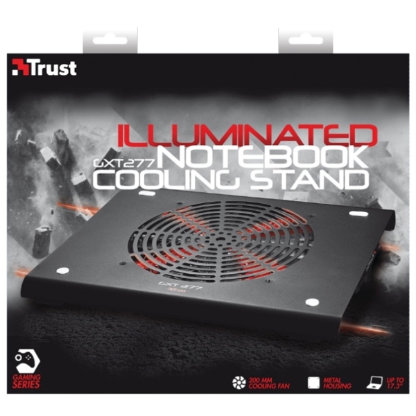 ნოუთბუქის გამაგრილებელი  TRUST GXT277 NB GAMING COOL STAND, Silent, USB powered cooling fan,USB loop through port,Extra-large red illuminated fan,Adjustable fan speed control,For notebooks up to 17.3"