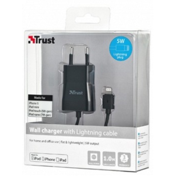 მობილურის & ტაბლეტის დამტენი TRUST wall Charger with lightning cable - Charges iPad mini and all iPhones and iPods with Lightning connector