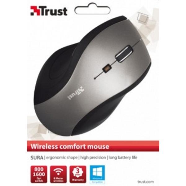 მაუსი TRUST Sura Wireless Mouse - 2 side buttons, sensitivity switch button (800-1600 DPI), rubber coated sides