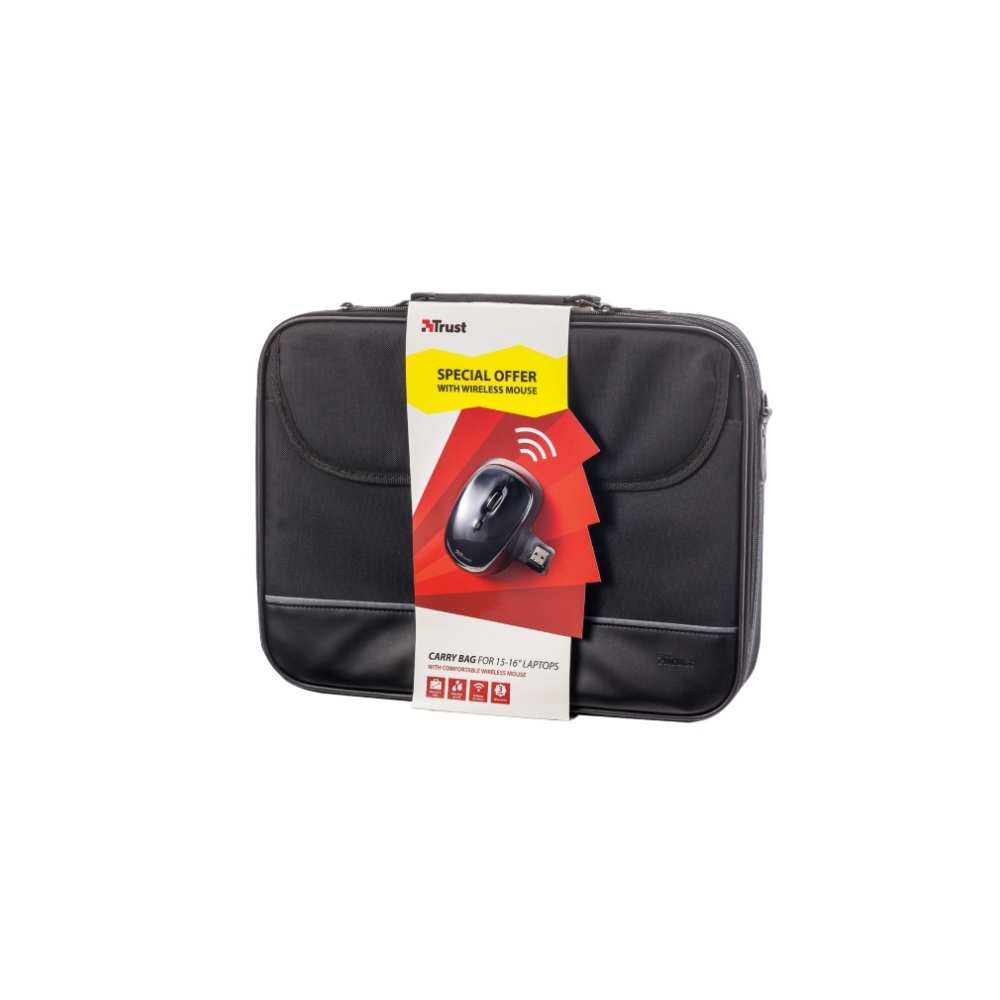 ნოუთბუქის ჩანთა & მაუსი  TRUST CARRY BAG FOR 15-16” LAPTOPS WITH WIRELESS MOUSE - BLACK, Padded notebook compartment (392x272 mm),Adjustable shoulder strap,Speed select button (800/1600 DPI),Micro receiver; plug in once and never unplug agai